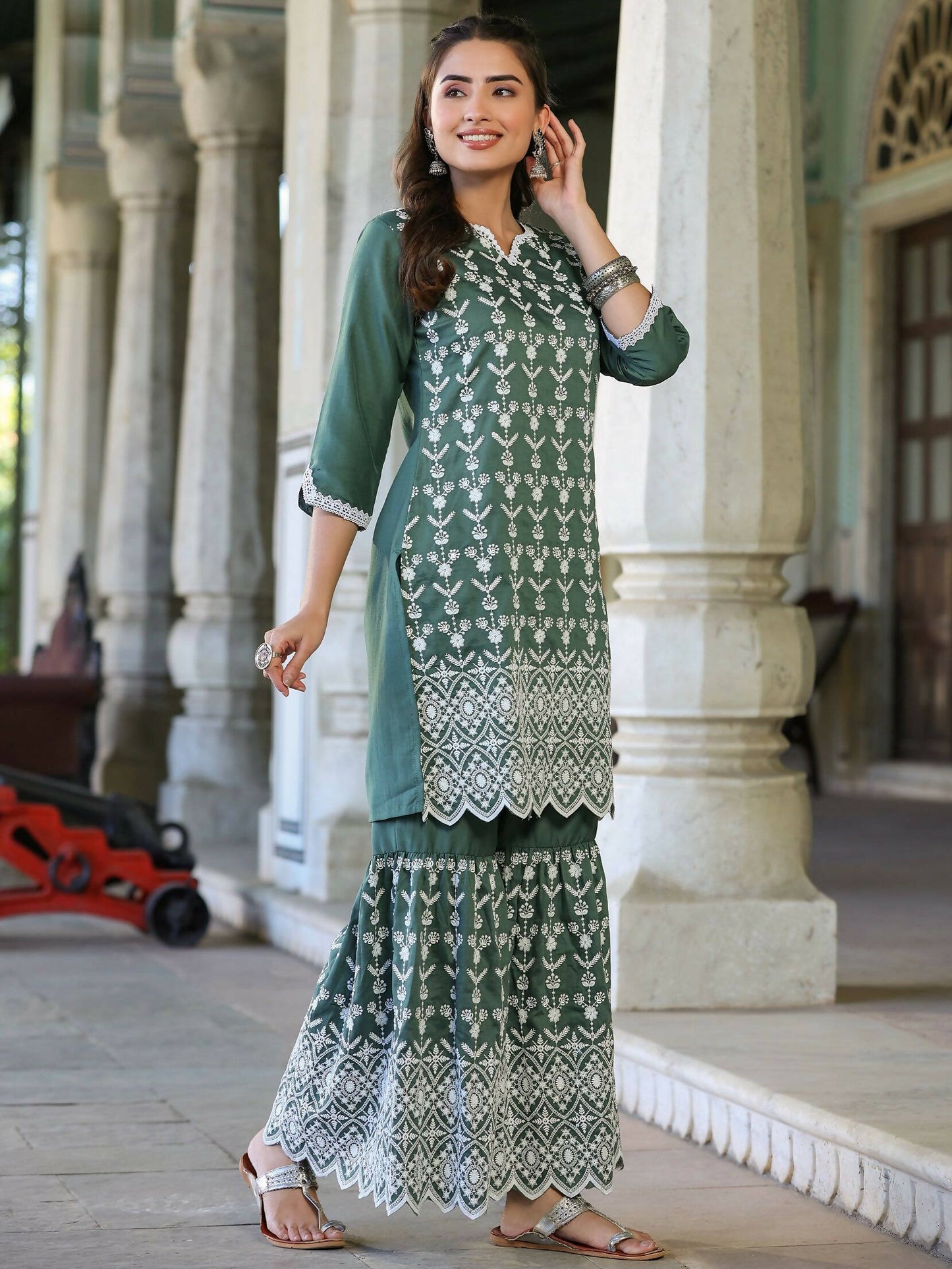 Juniper Women's Green Chinnon Embroidered Kurta Garara Set | Swadesiicart