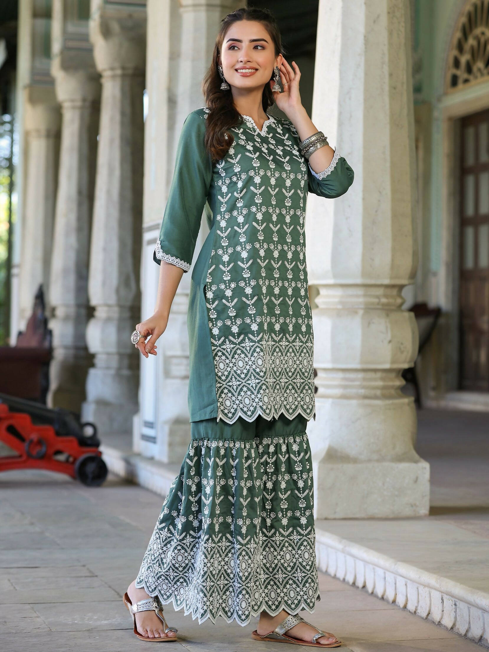 Juniper Women's Green Chinnon Embroidered Kurta Garara Set | Swadesiicart