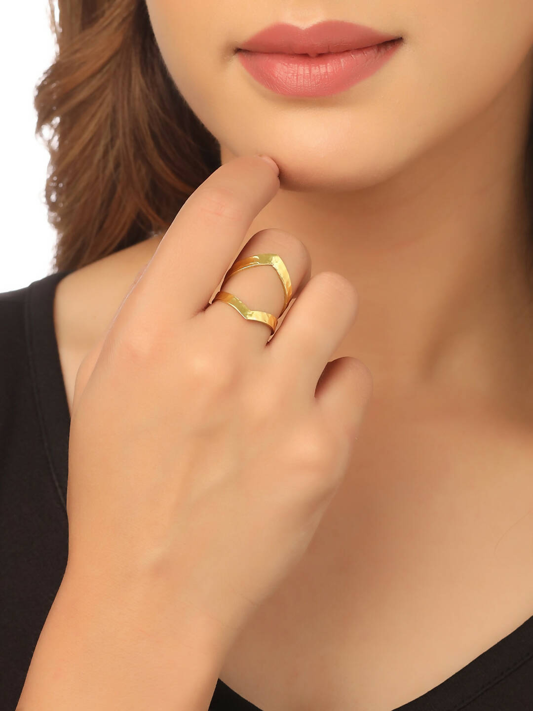 NVR Women Gold-Polished Adjustable Finger Ring | Swadesiicart