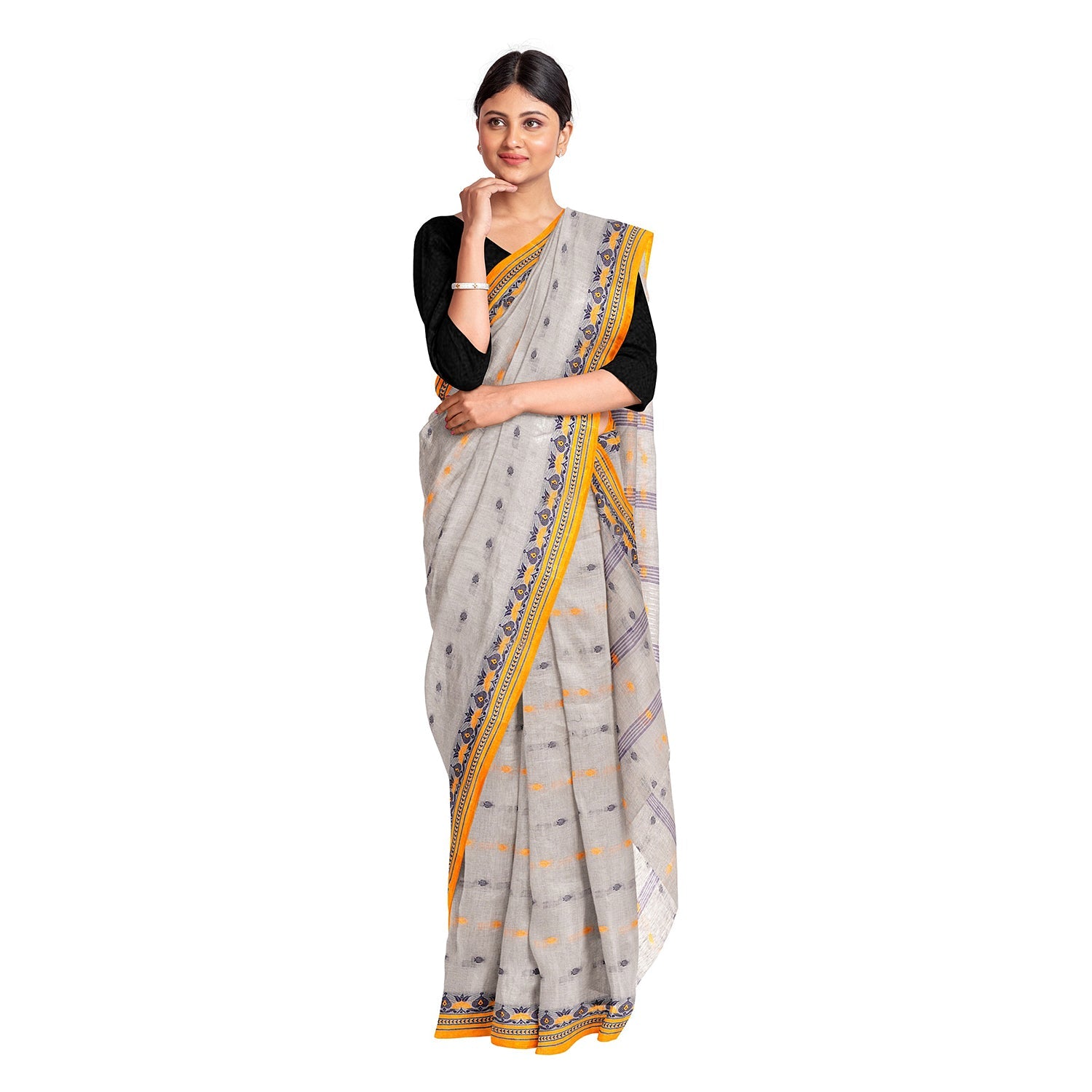 Exclusive Collection 100% Pure Cotton Light Grey Tant Saree With Hand Weaving Work - Swadesiicart
