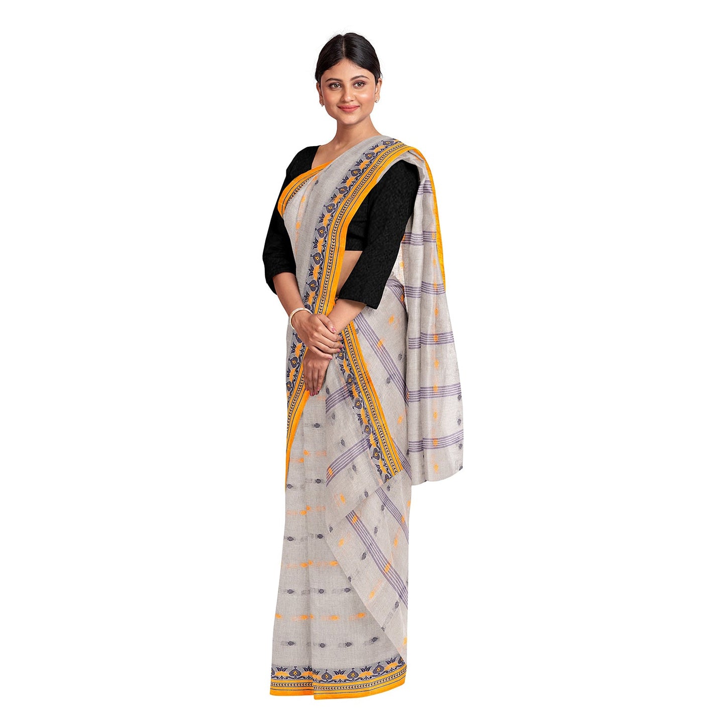 Exclusive Collection 100% Pure Cotton Light Grey Tant Saree With Hand Weaving Work - Swadesiicart