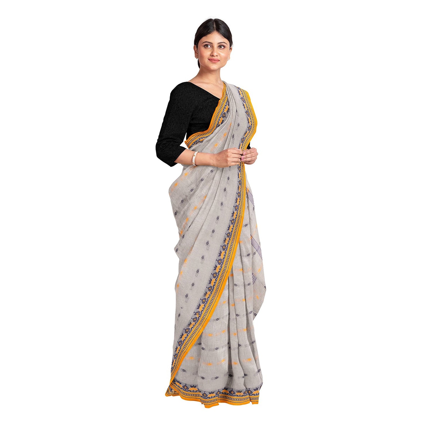 Exclusive Collection 100% Pure Cotton Light Grey Tant Saree With Hand Weaving Work - Swadesiicart