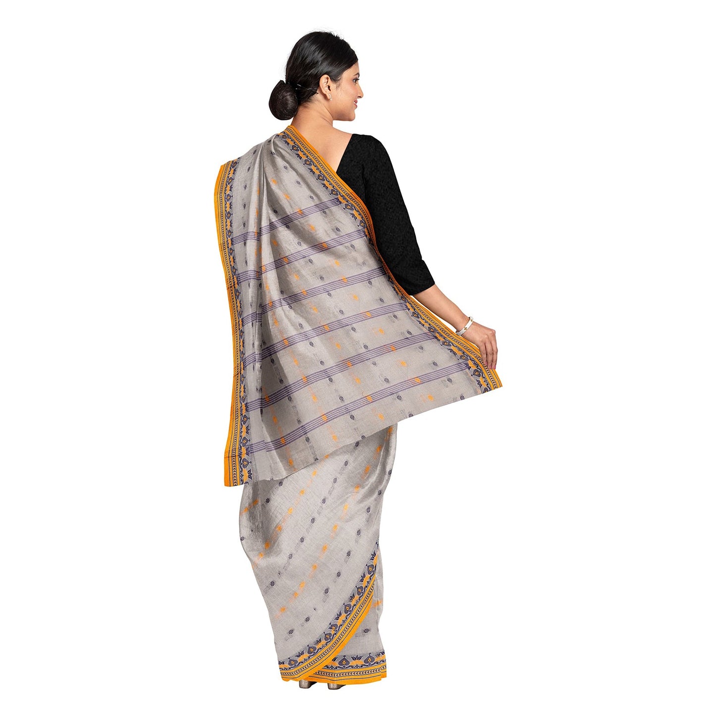 Exclusive Collection 100% Pure Cotton Light Grey Tant Saree With Hand Weaving Work - Swadesiicart