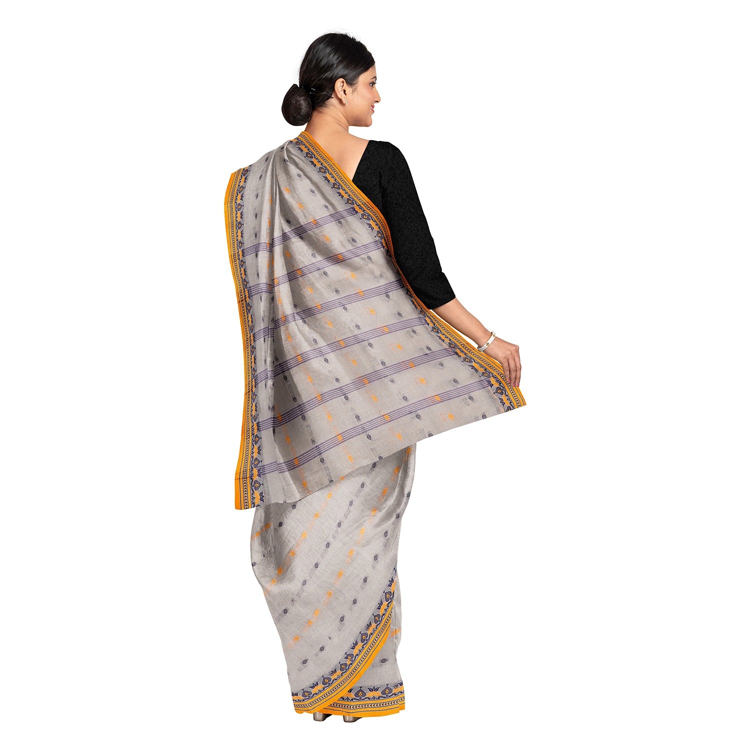 Exclusive Collection 100% Pure Cotton Light Grey Tant Saree With Hand Weaving Work - Swadesiicart