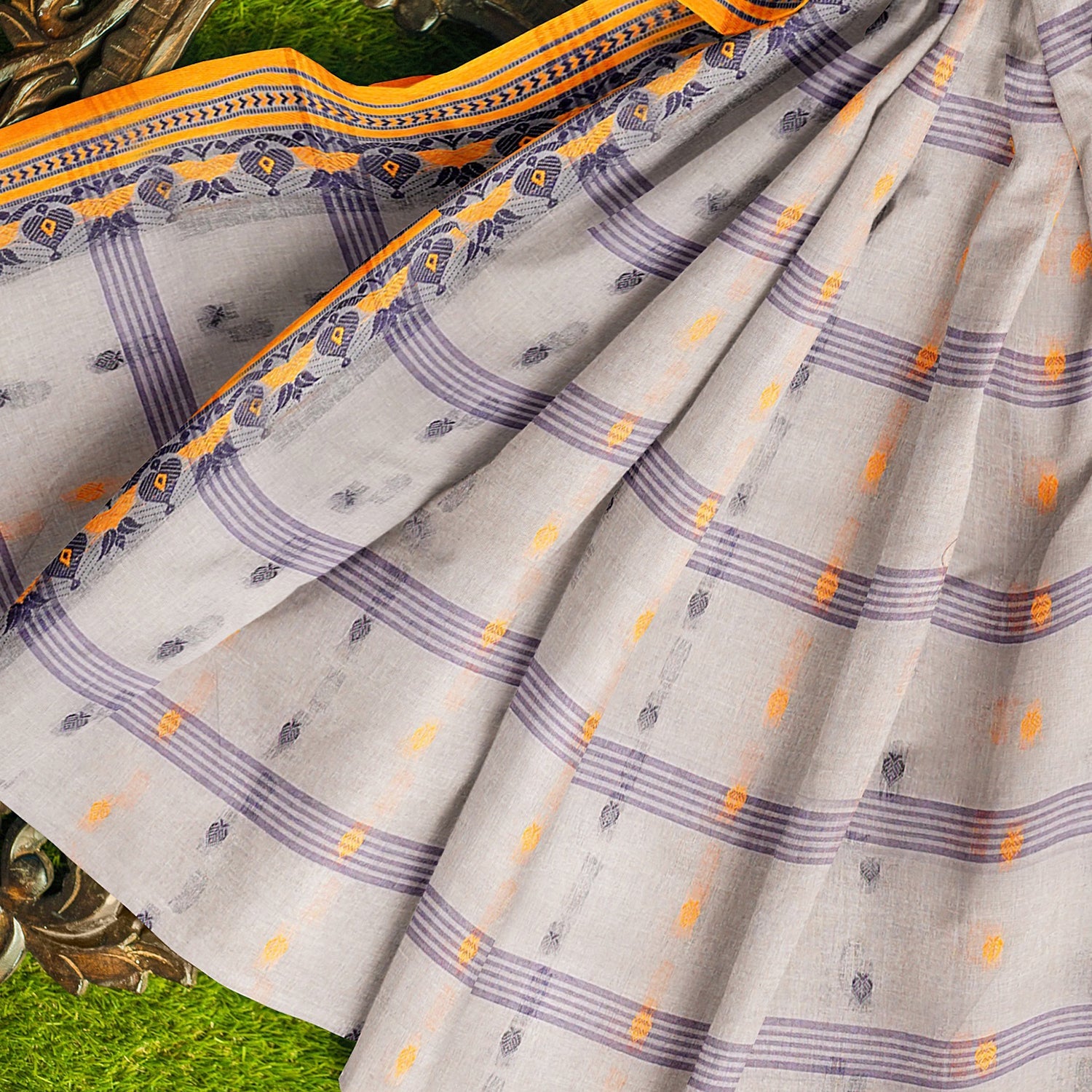 Exclusive Collection 100% Pure Cotton Light Grey Tant Saree With Hand Weaving Work - Swadesiicart