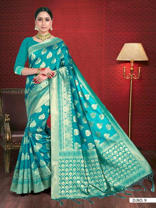 Vardha Teal Blue Woven Zari Betel Leaf Banarasi Saree | Swadesiicart