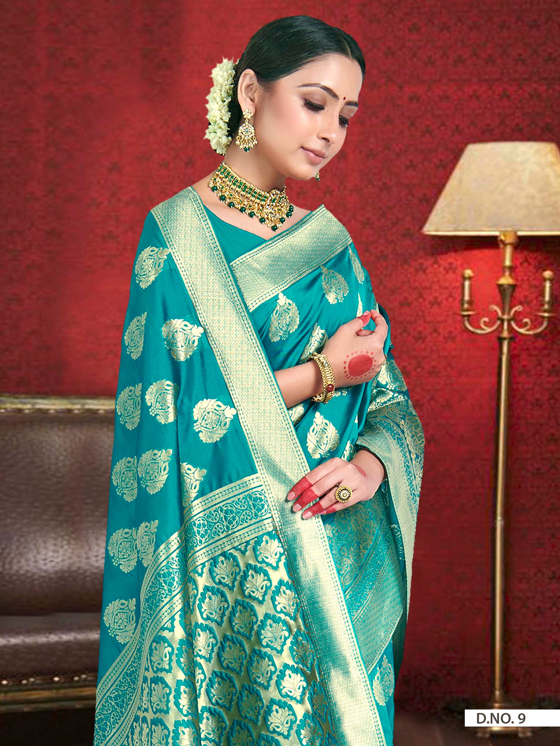 Vardha Teal Blue Woven Zari Betel Leaf Banarasi Saree | Swadesiicart