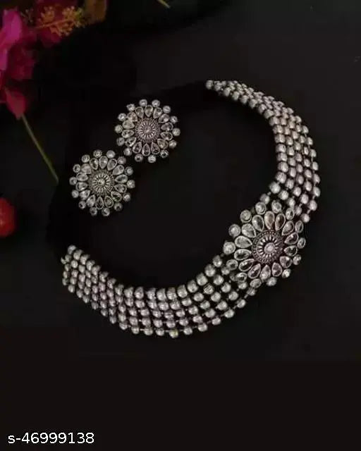 Tehzeeb Creations Women's Silver Colour Oxidised Necklace And Earrings With Kundan - Swadesiicart