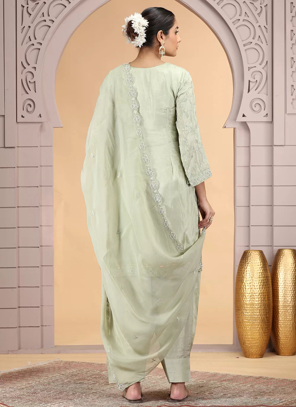 Chhap Light Green Colour Satin Silk Hand Work Salwar Suit - Swadesiicart