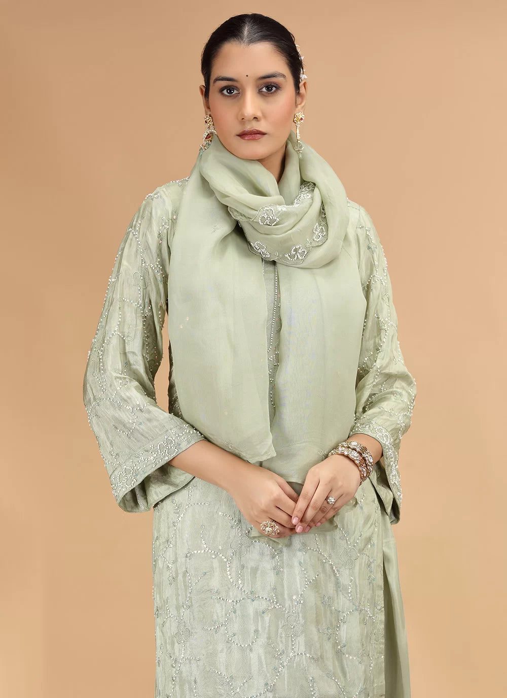 Chhap Light Green Colour Satin Silk Hand Work Salwar Suit - Swadesiicart
