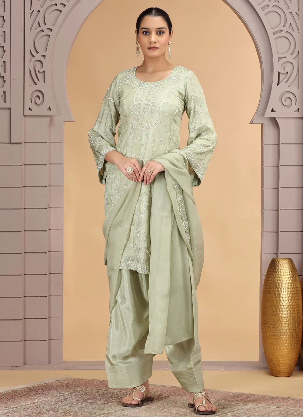Chhap Light Green Colour Satin Silk Hand Work Salwar Suit - Swadesiicart