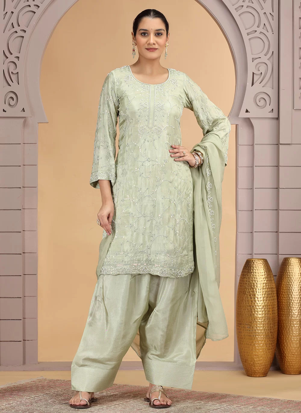 Chhap Light Green Colour Satin Silk Hand Work Salwar Suit - Swadesiicart