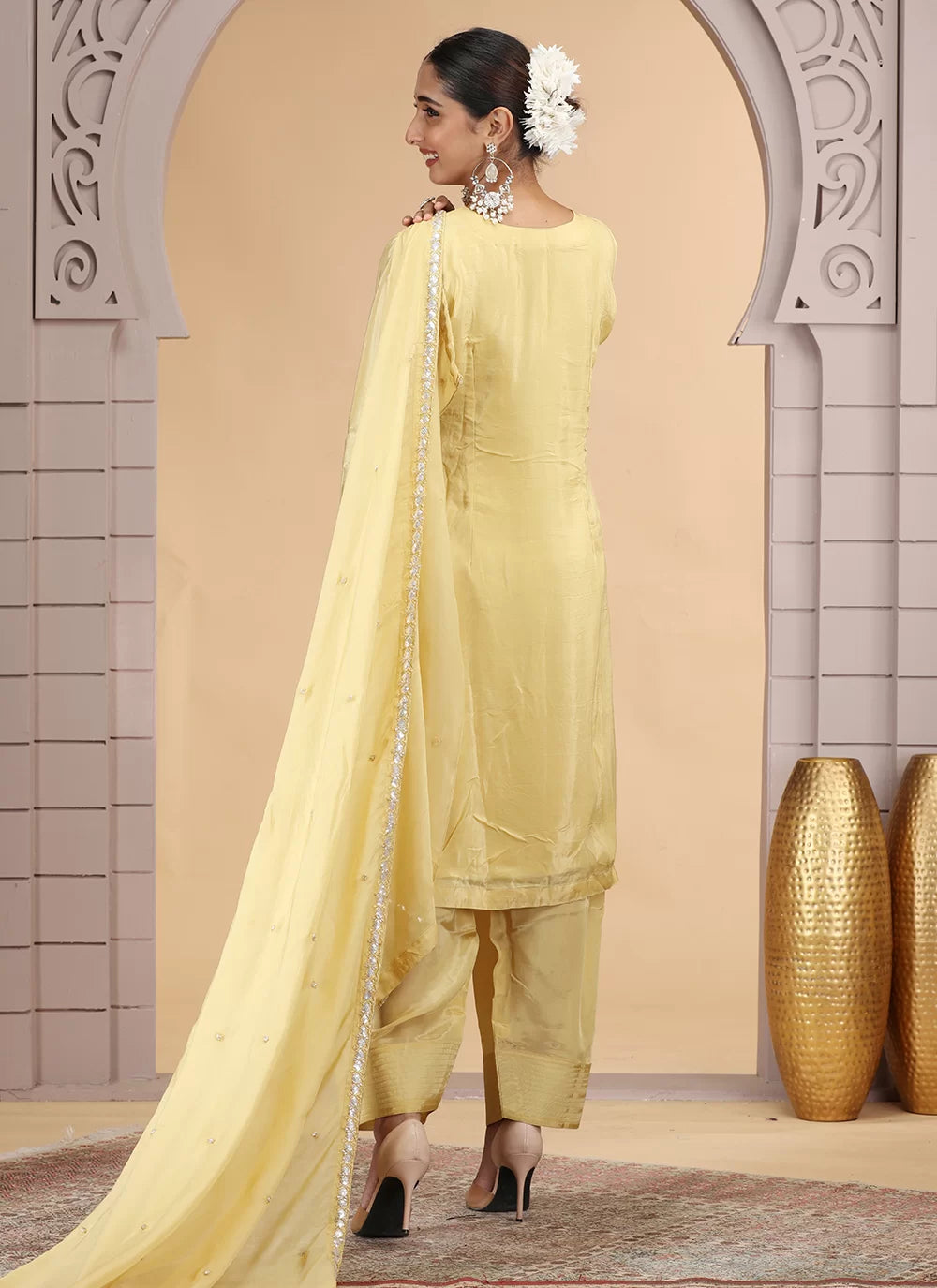 Chhap Yellow Colour Satin Silk Hand Work Salwar Suit - Swadesiicart