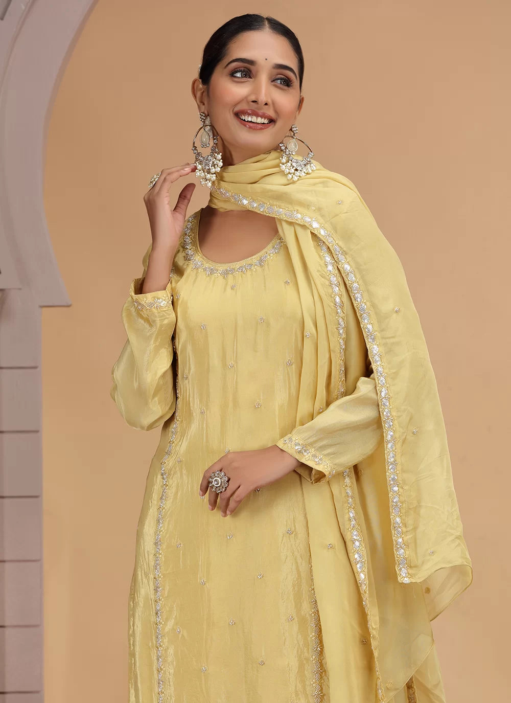 Chhap Yellow Colour Satin Silk Hand Work Salwar Suit - Swadesiicart