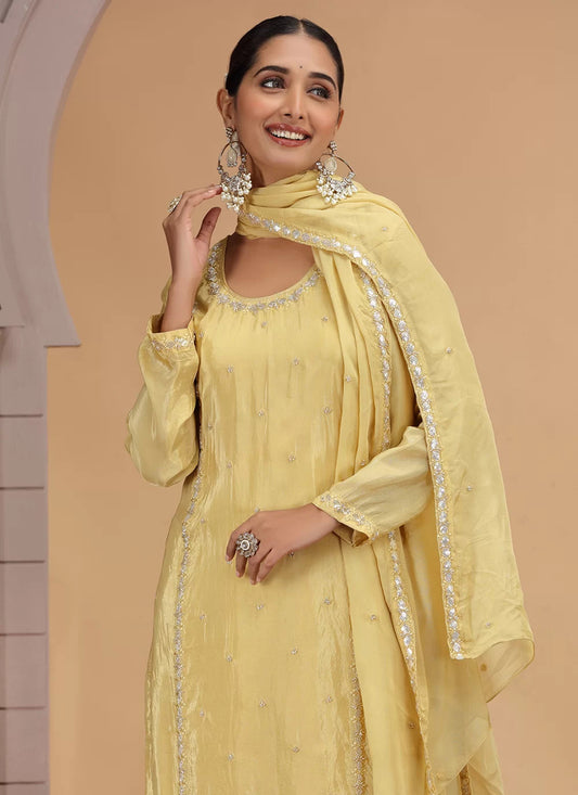 Chhap Yellow Colour Satin Silk Hand Work Salwar Suit - Swadesiicart