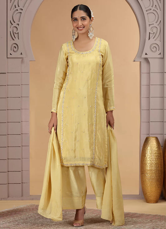 Chhap Yellow Colour Satin Silk Hand Work Salwar Suit - Swadesiicart