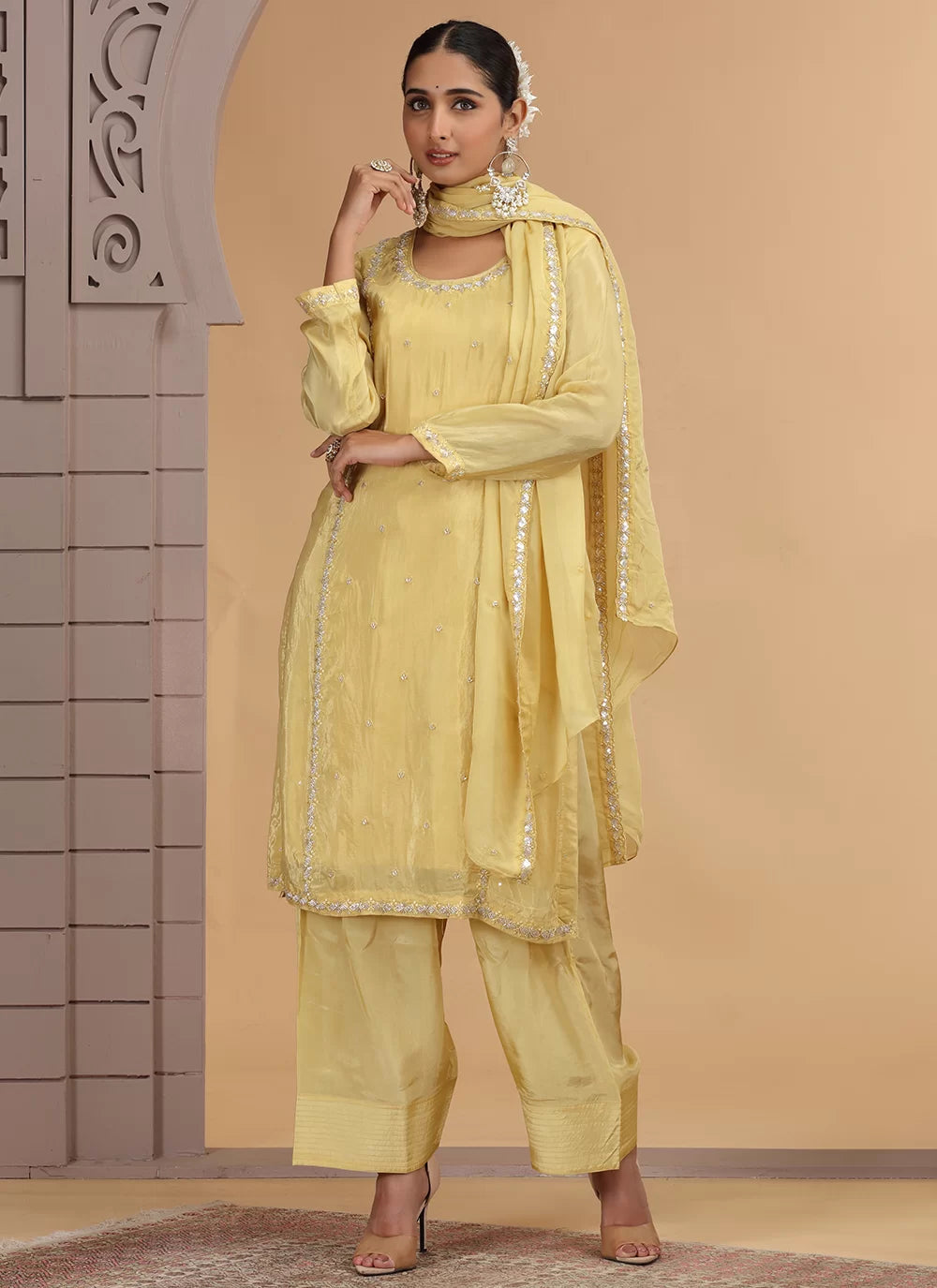 Chhap Yellow Colour Satin Silk Hand Work Salwar Suit - Swadesiicart