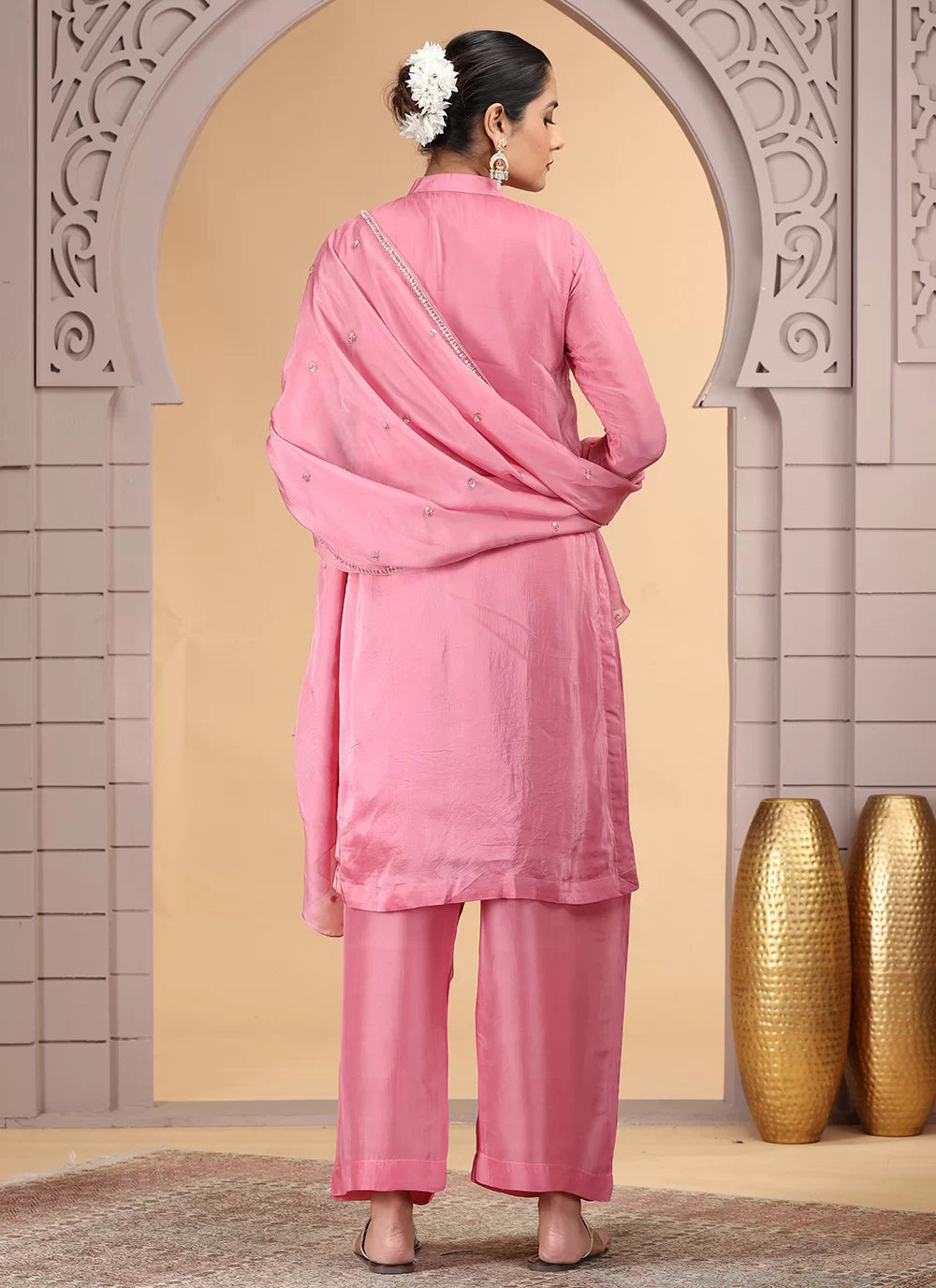 Chhap Pink Colour Satin Silk Hand Work Salwar Suit - Swadesiicart