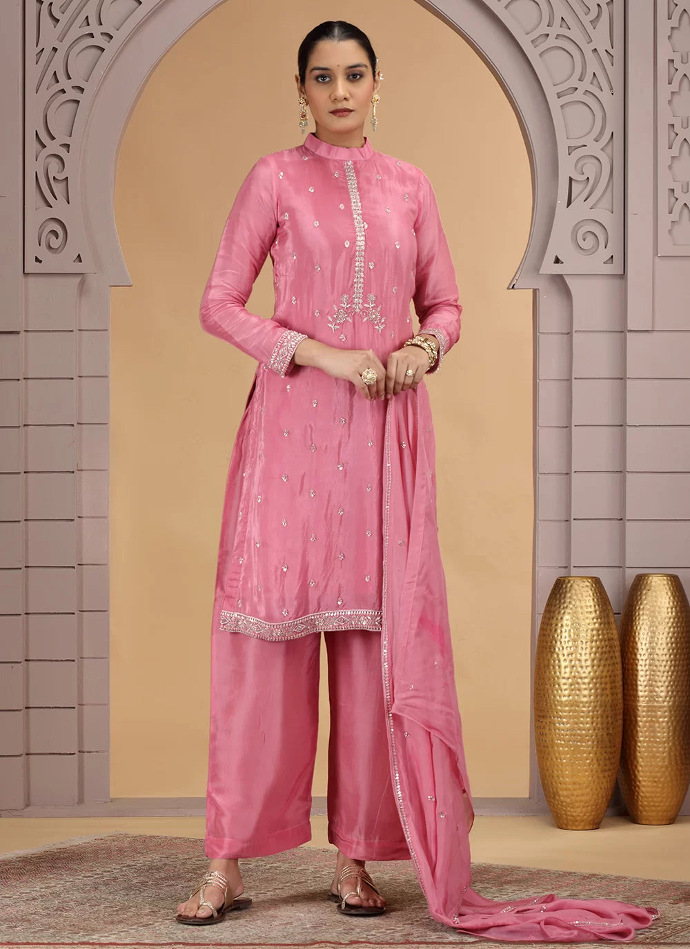 Chhap Pink Colour Satin Silk Hand Work Salwar Suit - Swadesiicart
