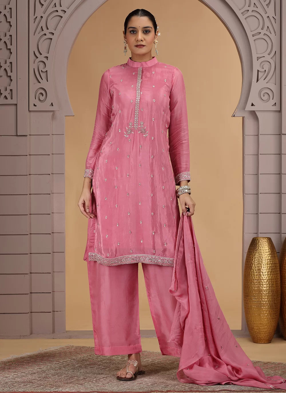 Chhap Pink Colour Satin Silk Hand Work Salwar Suit - Swadesiicart
