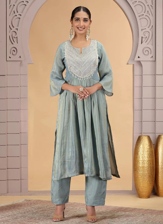 Chhap Firozi Colour Organza Shimmer Hand Work Salwar Suit - Swadesiicart