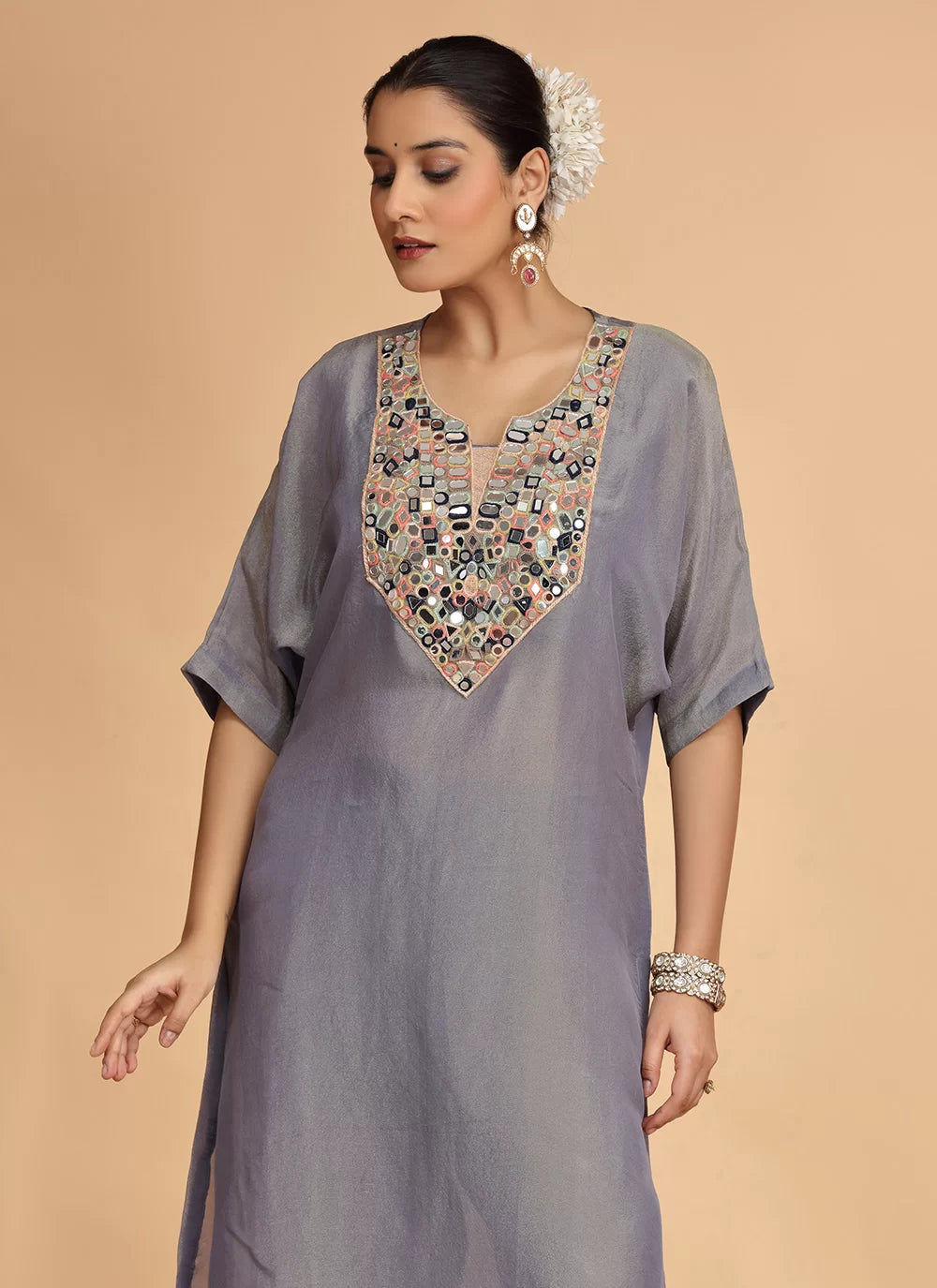 Chhap Grey Colour Organza Shimmer Hand Work Salwar Suit - Swadesiicart