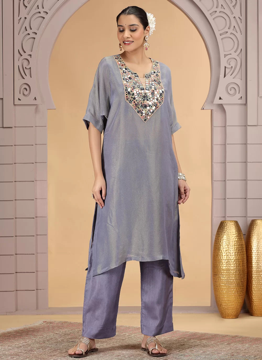 Chhap Grey Colour Organza Shimmer Hand Work Salwar Suit - Swadesiicart