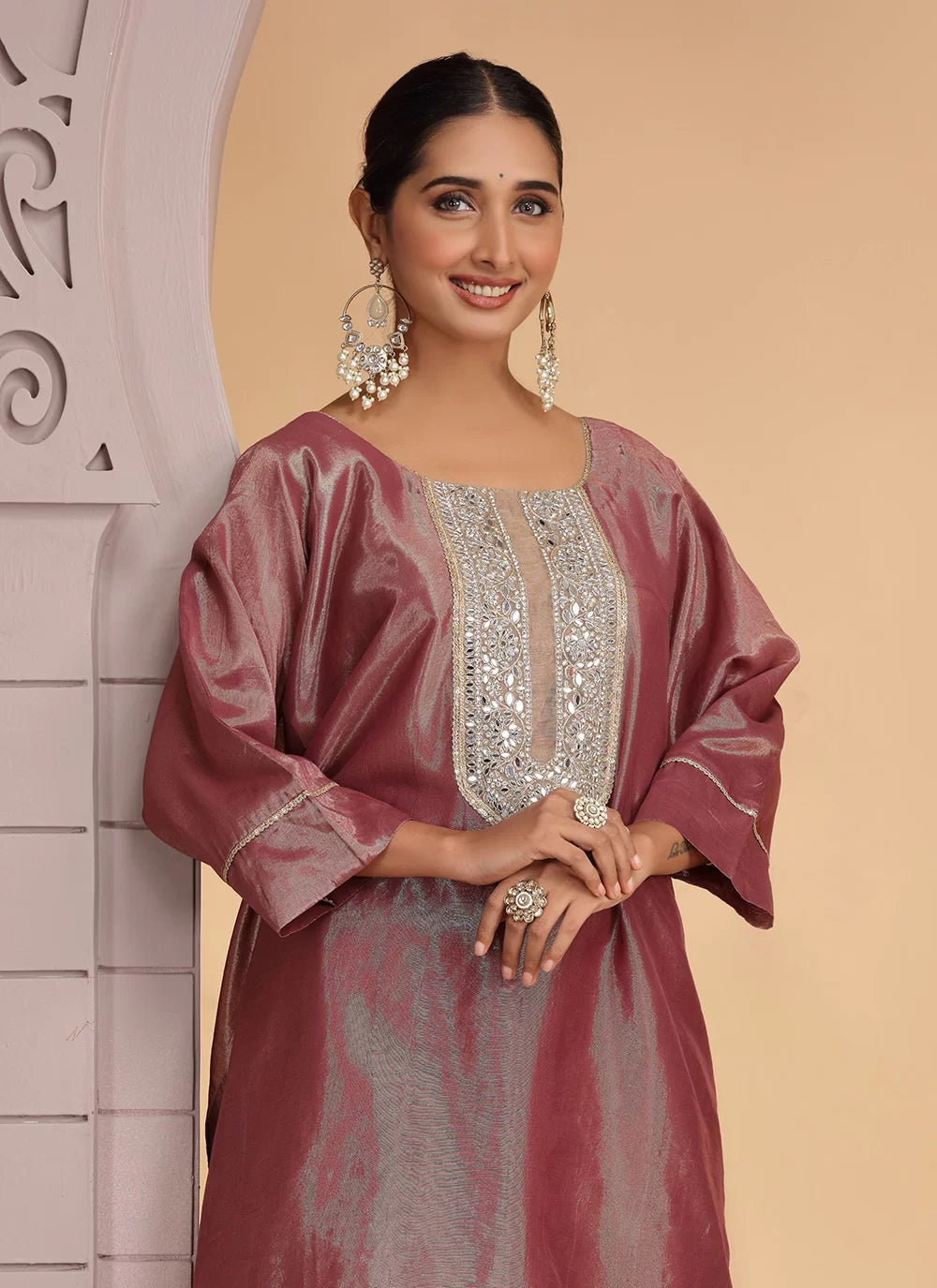 Chhap Rust Brown Colour Organza Shimmer Hand Work Salwar Suit - Swadesiicart