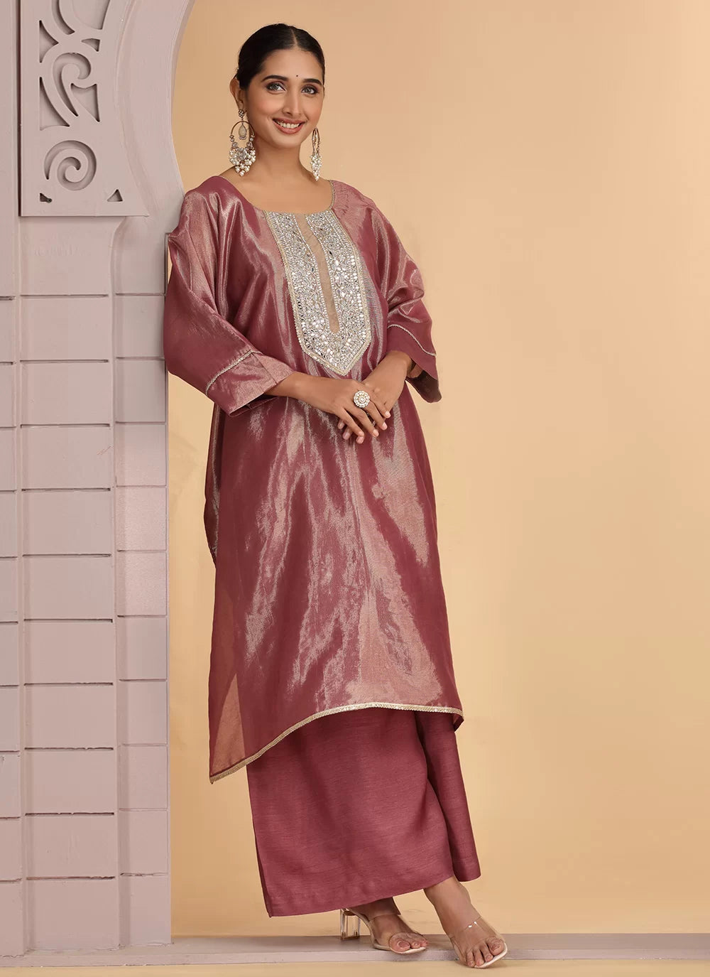 Chhap Rust Brown Colour Organza Shimmer Hand Work Salwar Suit - Swadesiicart