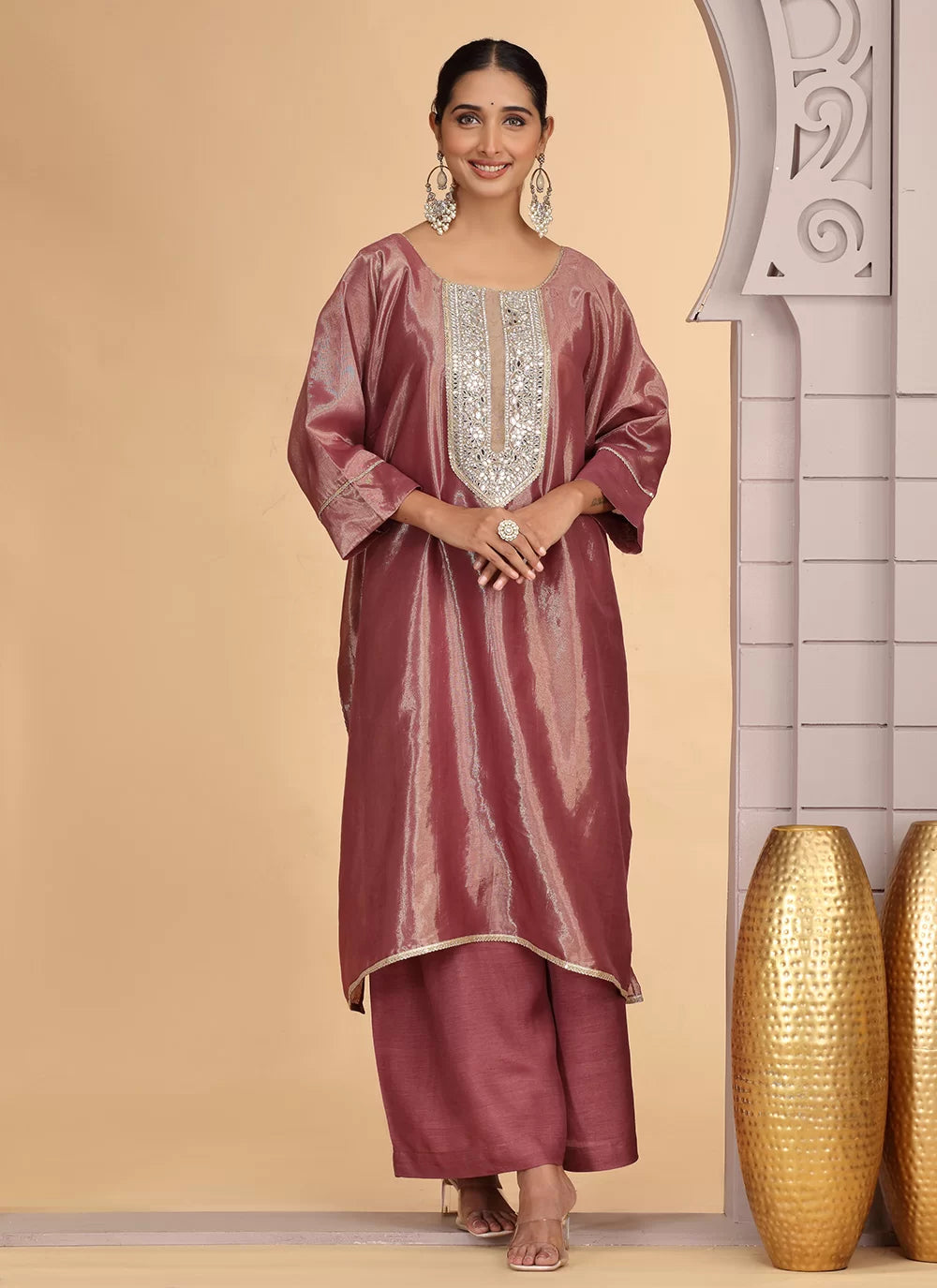Chhap Rust Brown Colour Organza Shimmer Hand Work Salwar Suit - Swadesiicart