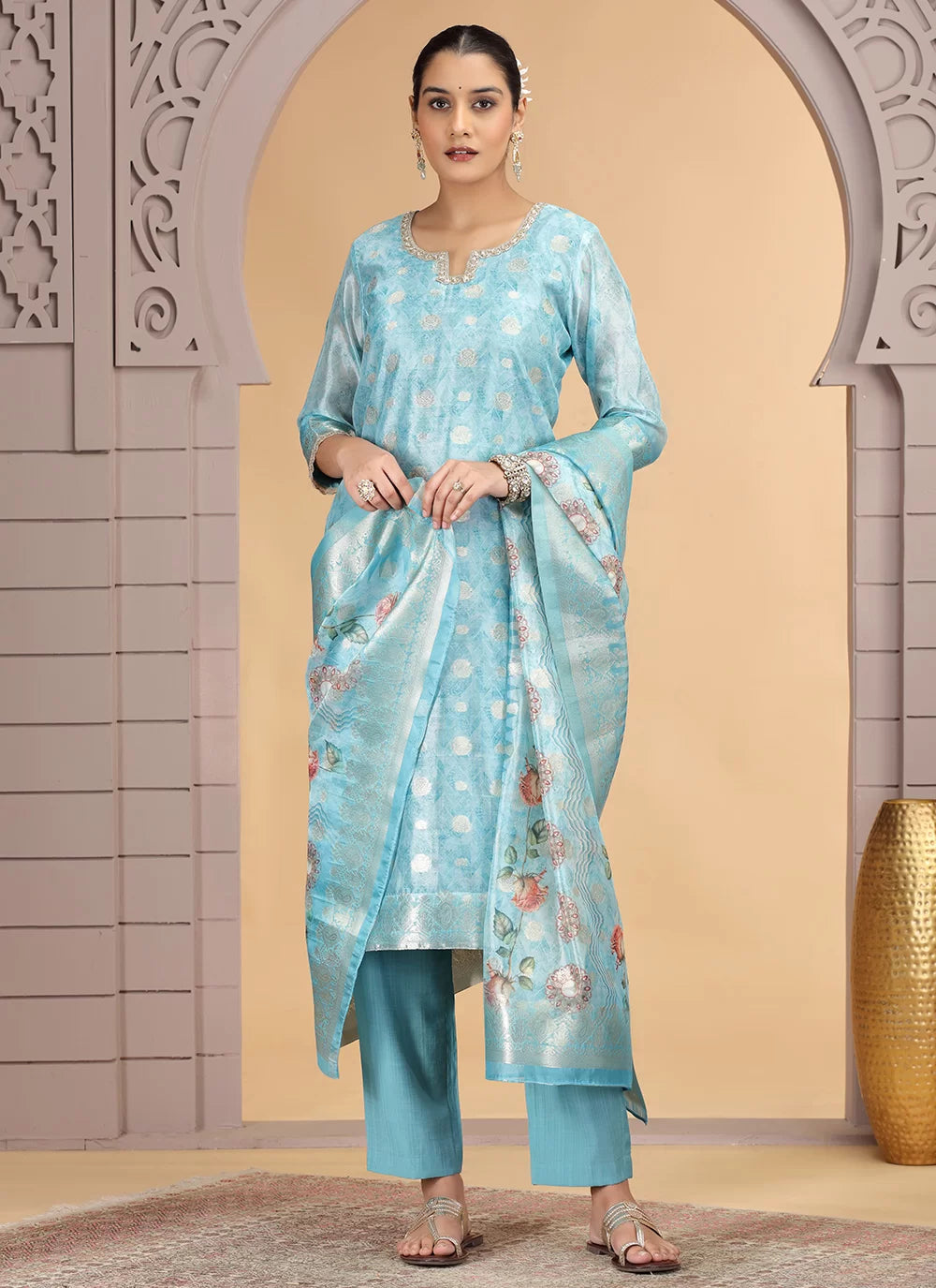 Chhap Organza Jacquard Woven and Hand Work Salwar Suit In Sky Blue Colour - Swadesiicart