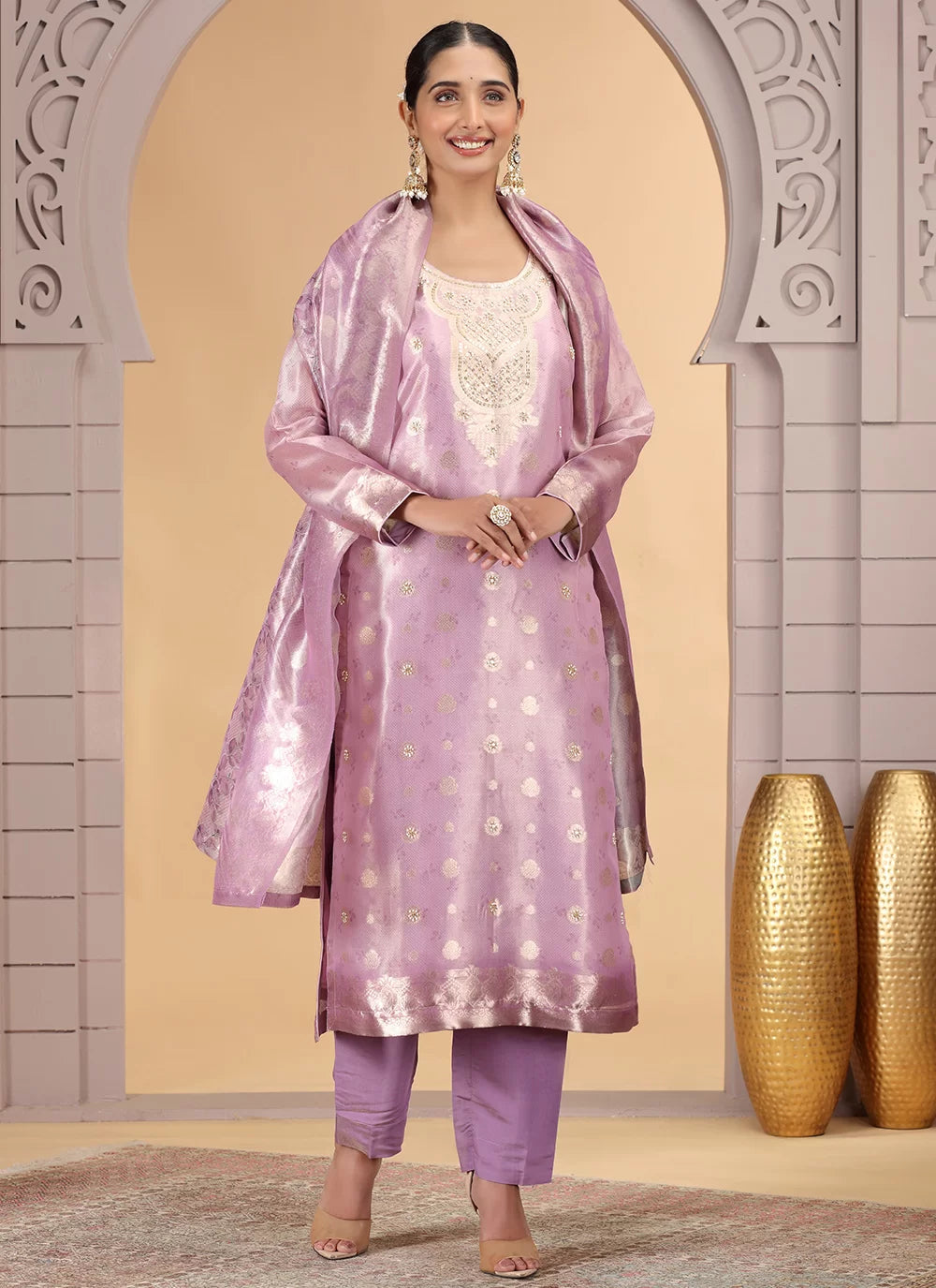 Chhap Organza Jacquard Woven and Hand Work Salwar Suit In Purple Pink Colour - Swadesiicart