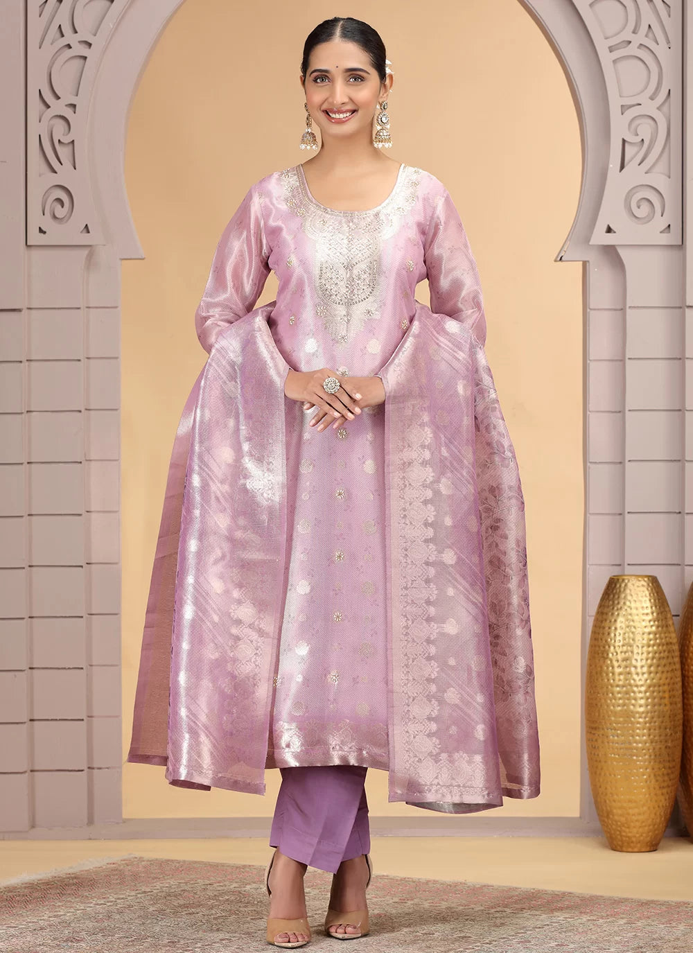 Chhap Organza Jacquard Woven and Hand Work Salwar Suit In Purple Pink Colour - Swadesiicart
