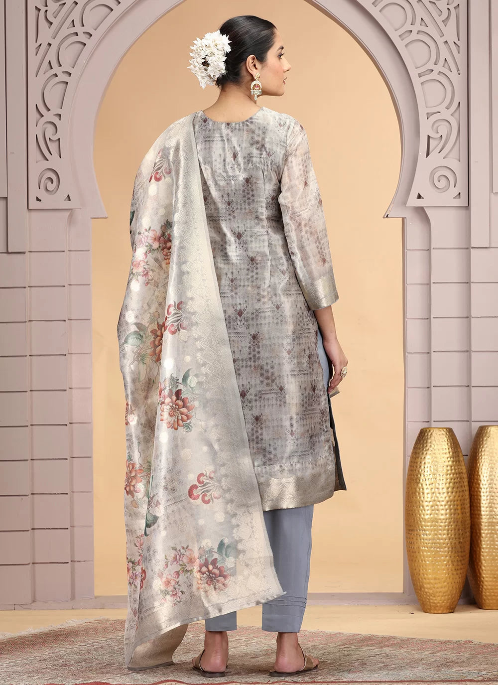 Chhap Organza Jacquard Woven and Hand Work Salwar Suit In Grey Brown Colour - Swadesiicart