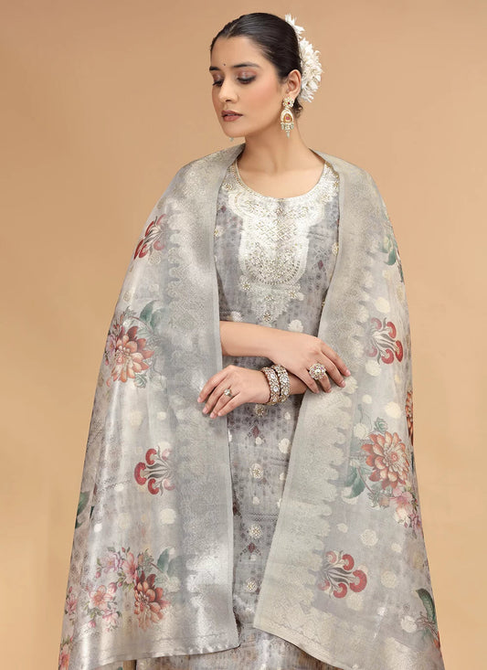 Chhap Organza Jacquard Woven and Hand Work Salwar Suit In Grey Brown Colour - Swadesiicart