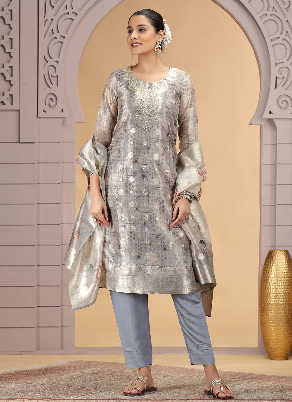 Chhap Organza Jacquard Woven and Hand Work Salwar Suit In Grey Brown Colour - Swadesiicart