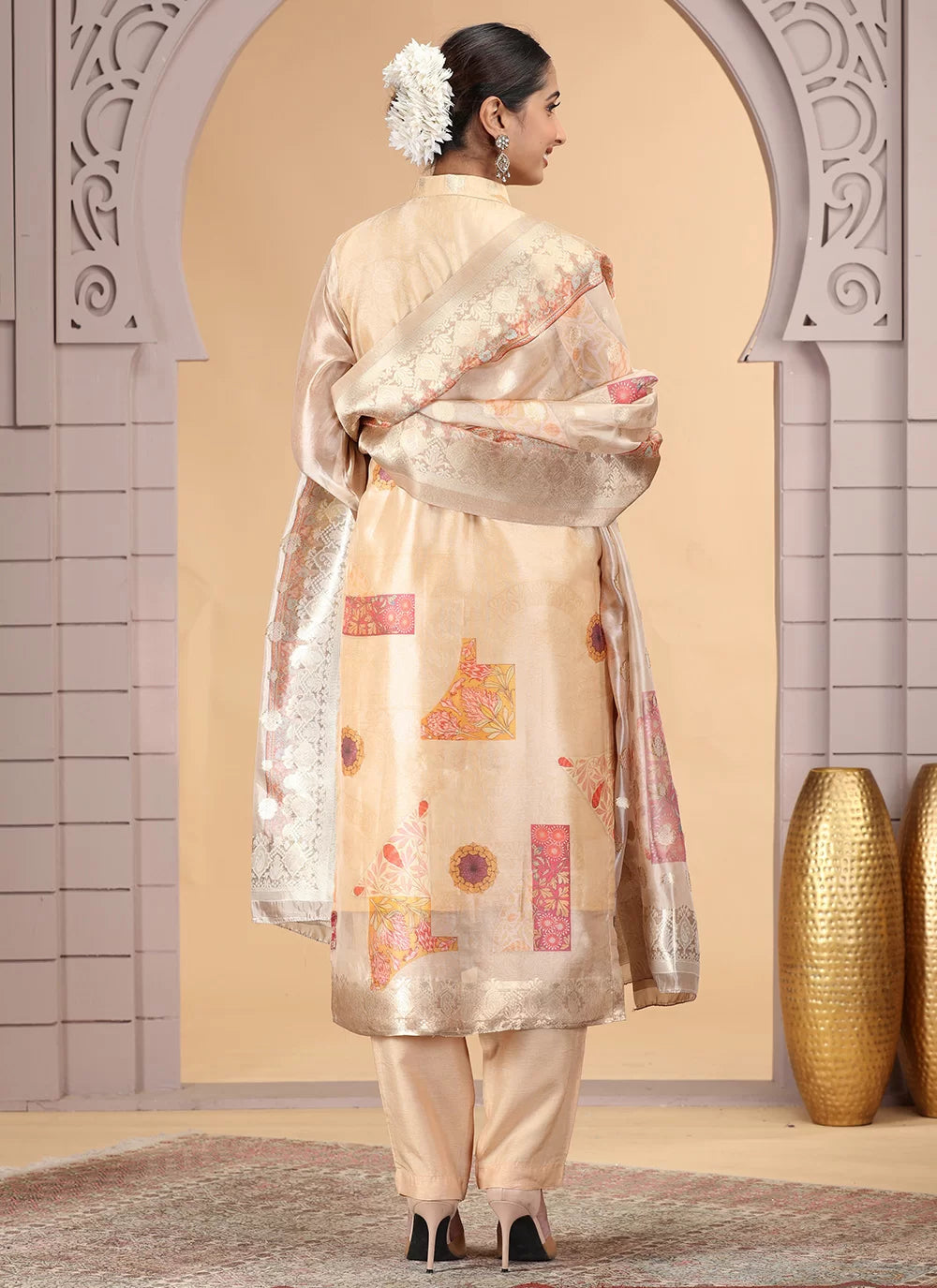 Chhap Organza Jacquard Woven and Hand Work Salwar Suit In Black Golden Colour - Swadesiicart