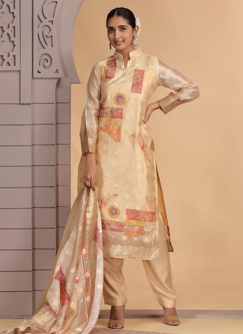 Chhap Organza Jacquard Woven and Hand Work Salwar Suit In Black Golden Colour - Swadesiicart