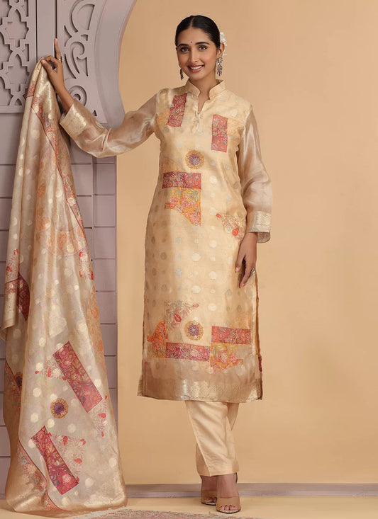 Chhap Organza Jacquard Woven and Hand Work Salwar Suit In Black Golden Colour - Swadesiicart