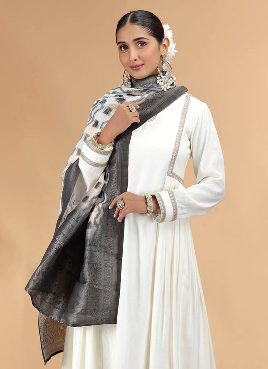Chhap Chiffon Printed and Hand Work Salwar Suit In Off White Colour - Swadesiicart