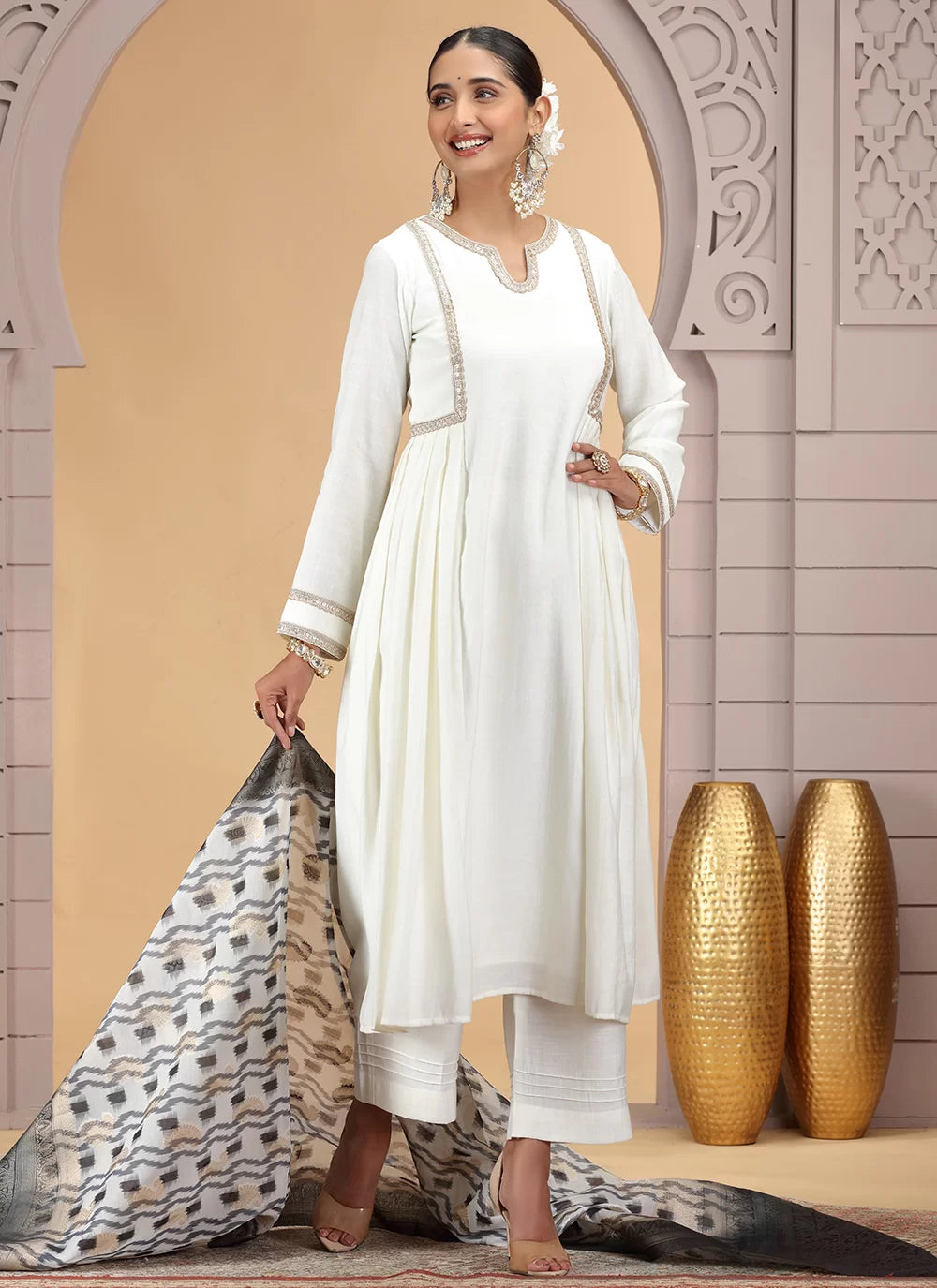 Chhap Chiffon Printed and Hand Work Salwar Suit In Off White Colour - Swadesiicart