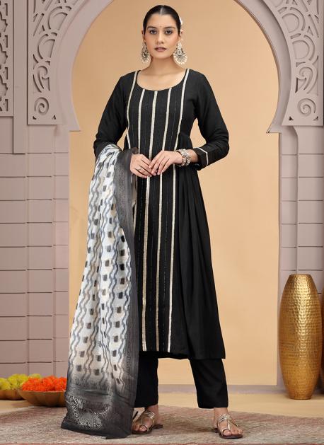 Chhap Chiffon Printed and Hand Work Salwar Suit In Black Colour - Swadesiicart