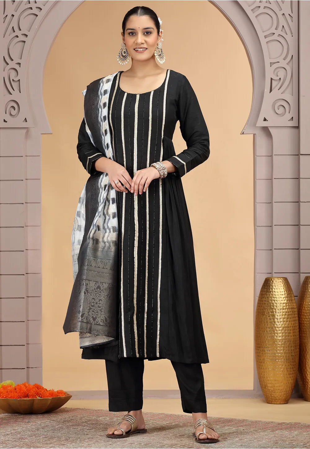 Chhap Chiffon Printed and Hand Work Salwar Suit In Black Colour - Swadesiicart