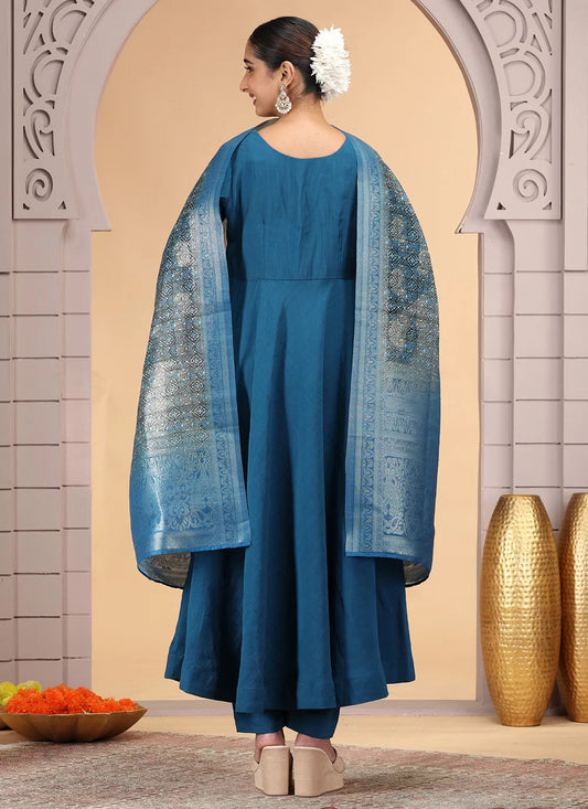Chhap Teal Blue Colour Chiffon Hand Work Salwar Suit - Swadesiicart