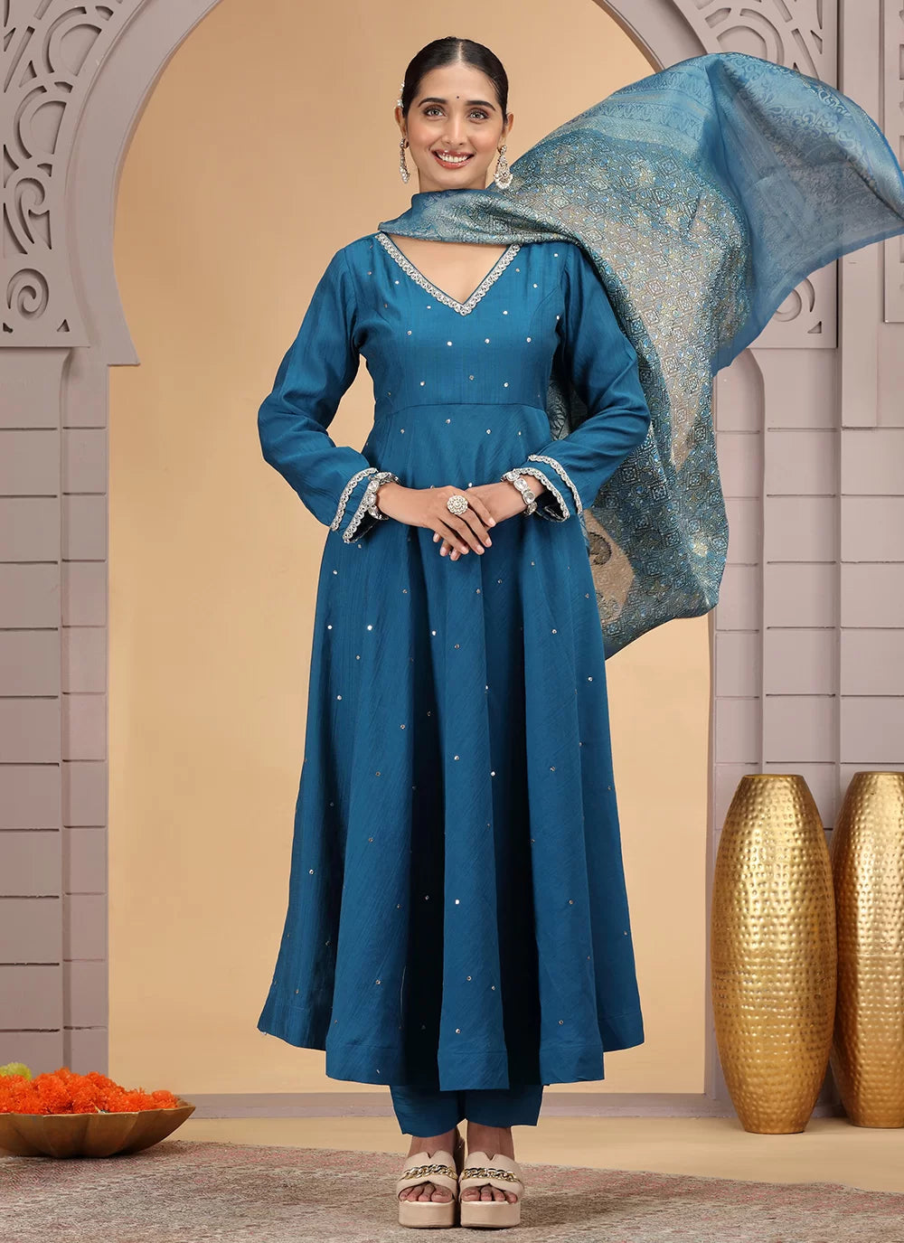 Chhap Teal Blue Colour Chiffon Hand Work Salwar Suit - Swadesiicart