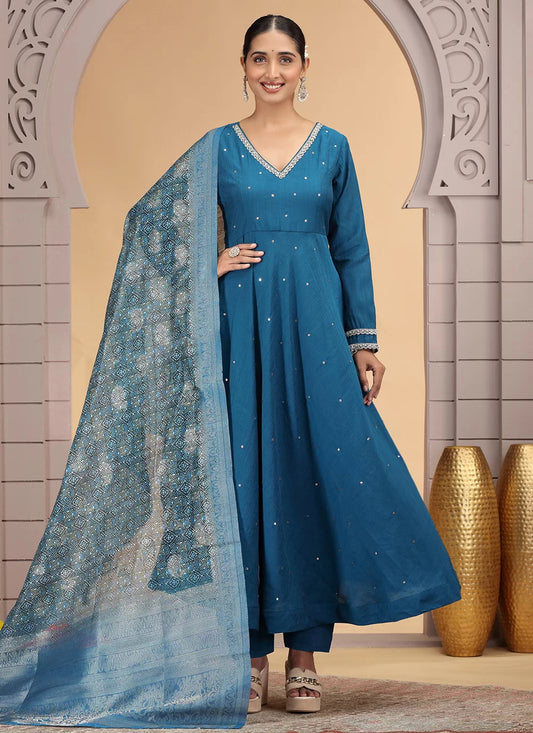 Chhap Teal Blue Colour Chiffon Hand Work Salwar Suit - Swadesiicart