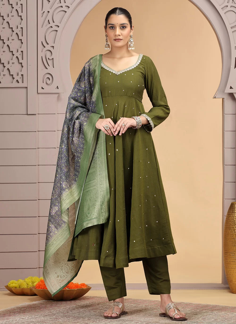 Chhap Green Colour Chiffon Hand Work Salwar Suit - Swadesiicart