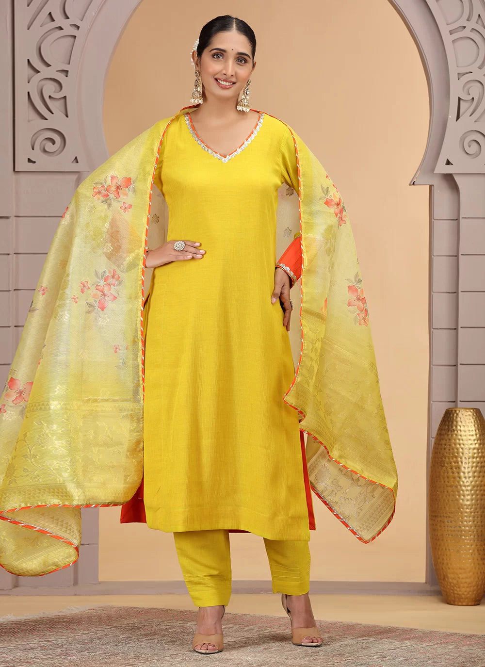 Chhap Yellow Colour Chiffon Hand Work Salwar Suit - Swadesiicart