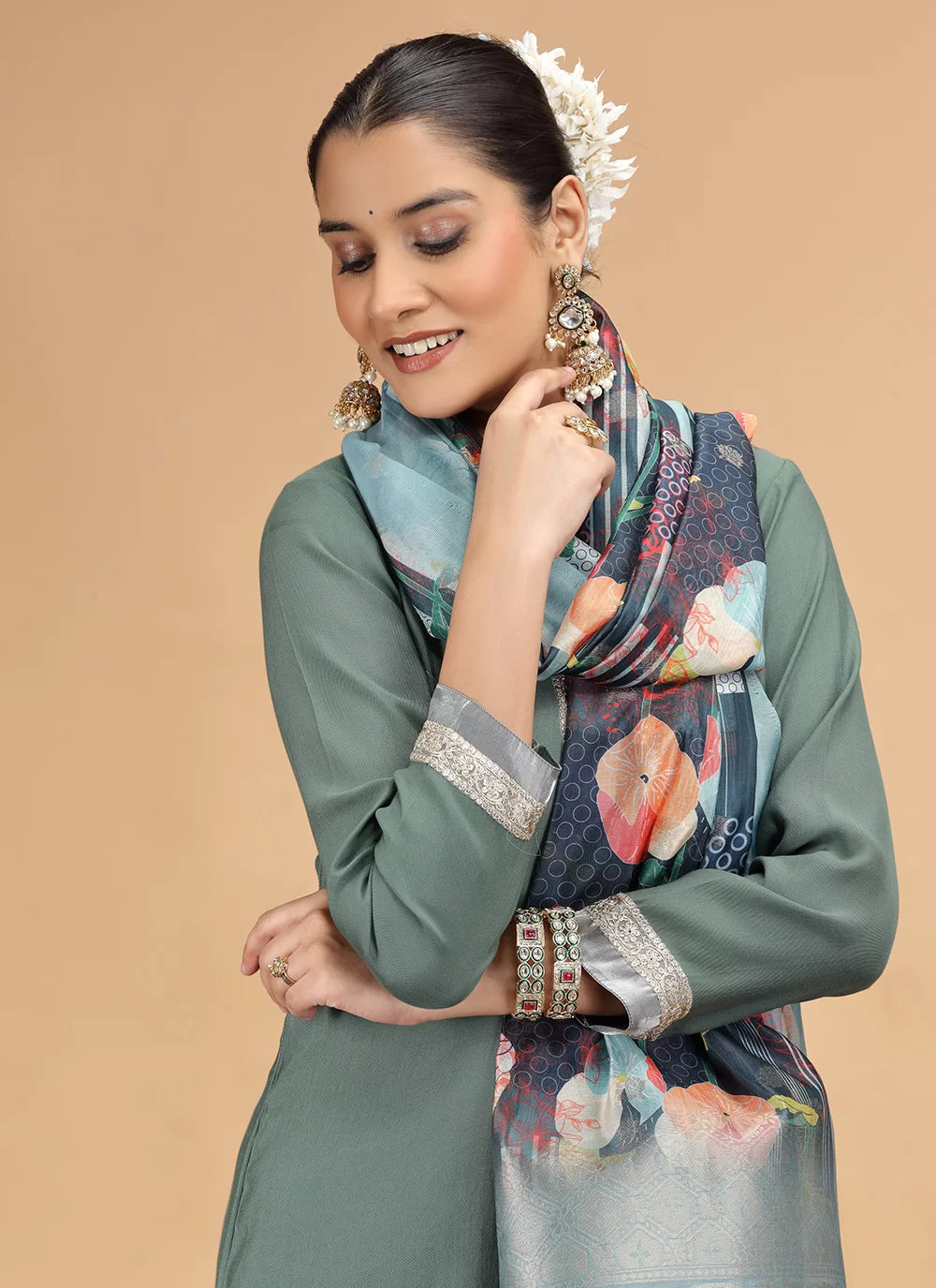 Chhap Tissue Green Colour Chiffon Hand Work Salwar Suit - Swadesiicart