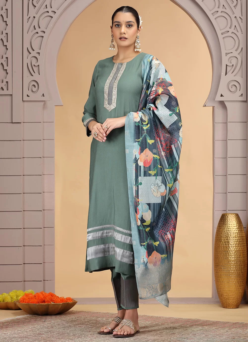 Chhap Tissue Green Colour Chiffon Hand Work Salwar Suit - Swadesiicart
